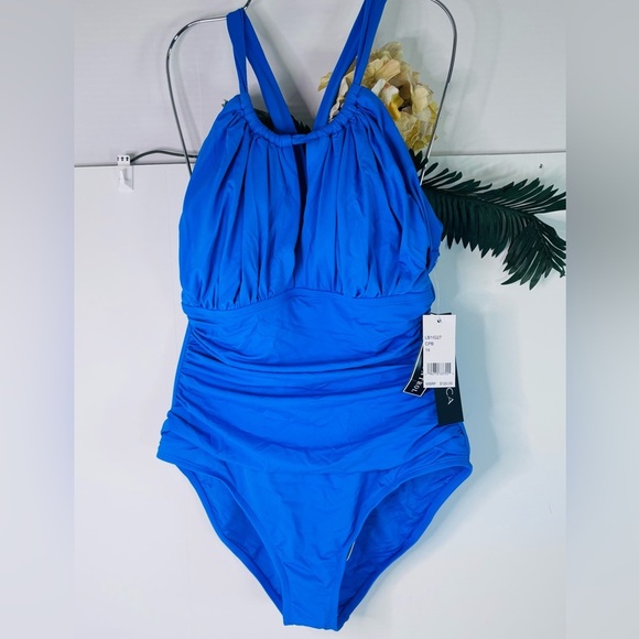 La Blanca Women's One Piece Swimsuit High Neck Keyhole Island Goddess Capri Blue - Picture 4 of 9